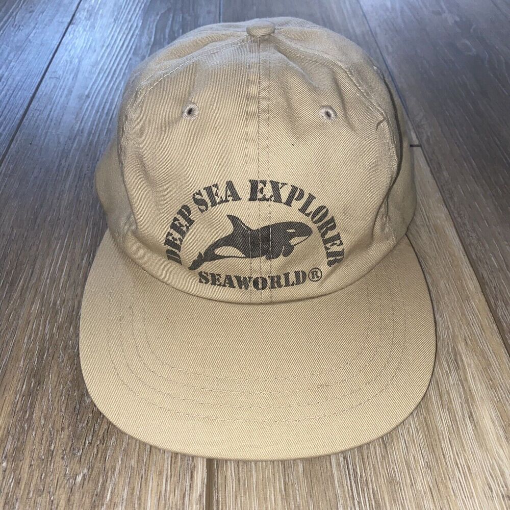 Vintage Vtg Sea World Deep Sea Explorer Hat Tan Beige Cream Adjustable Size